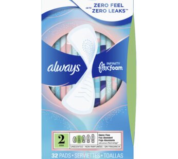 Always Infinity Super Absorbency Sanitary Pads Wingless Unscented Size 2 – 32 ct