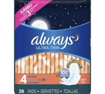 Always Ultra Thin Overnight Pads with Wings Unscented Size 4 – 38 ct